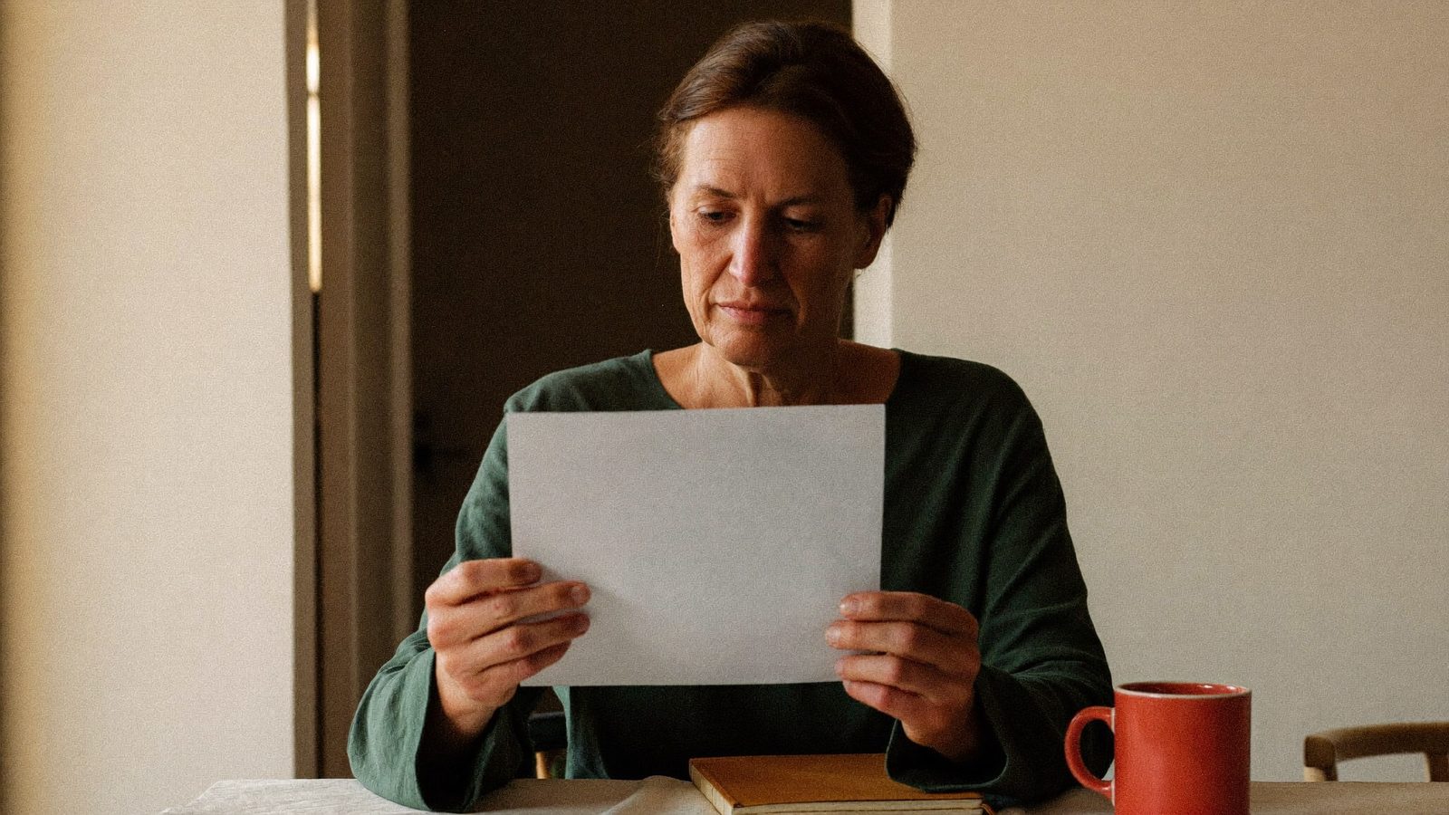 Genitore seduto al tavolo di casa che guarda un foglio con le assenze del figlio, espressione di consapevolezza, luce naturale dalla finestra