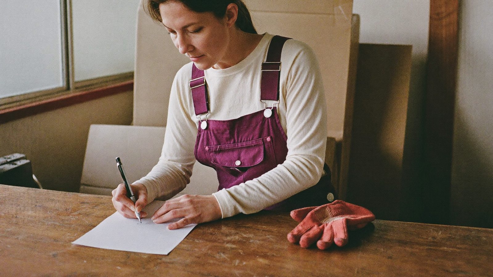 Una donna di circa quarant'anni in tuta da lavoro scrive su un foglio appoggiato a un bancone di legno, luce naturale da una finestra laterale