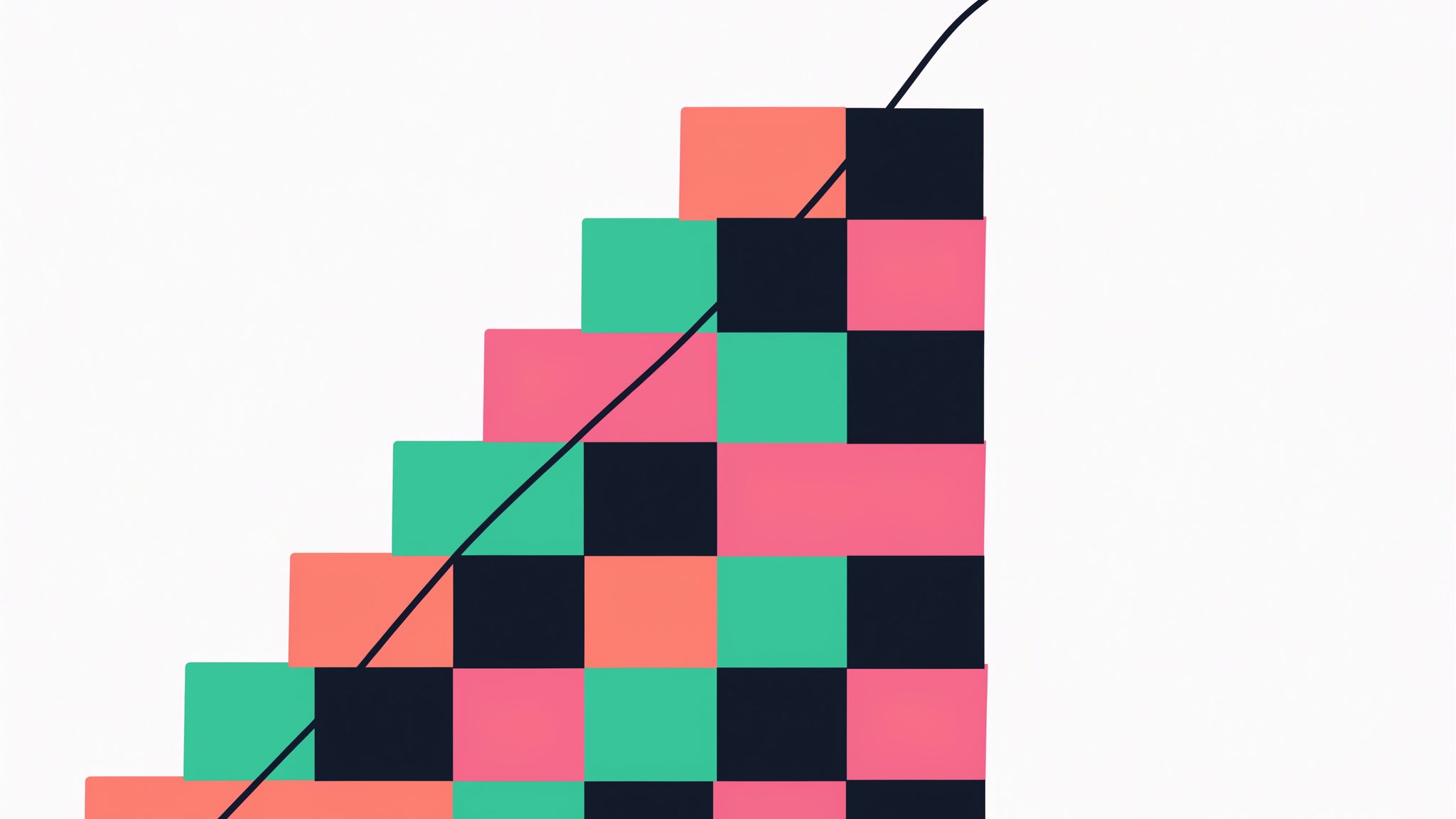 Illustrazione piatta con scala di rettangoli colorati sovrapposti e linea ascendente diagonale, sfondo chiaro