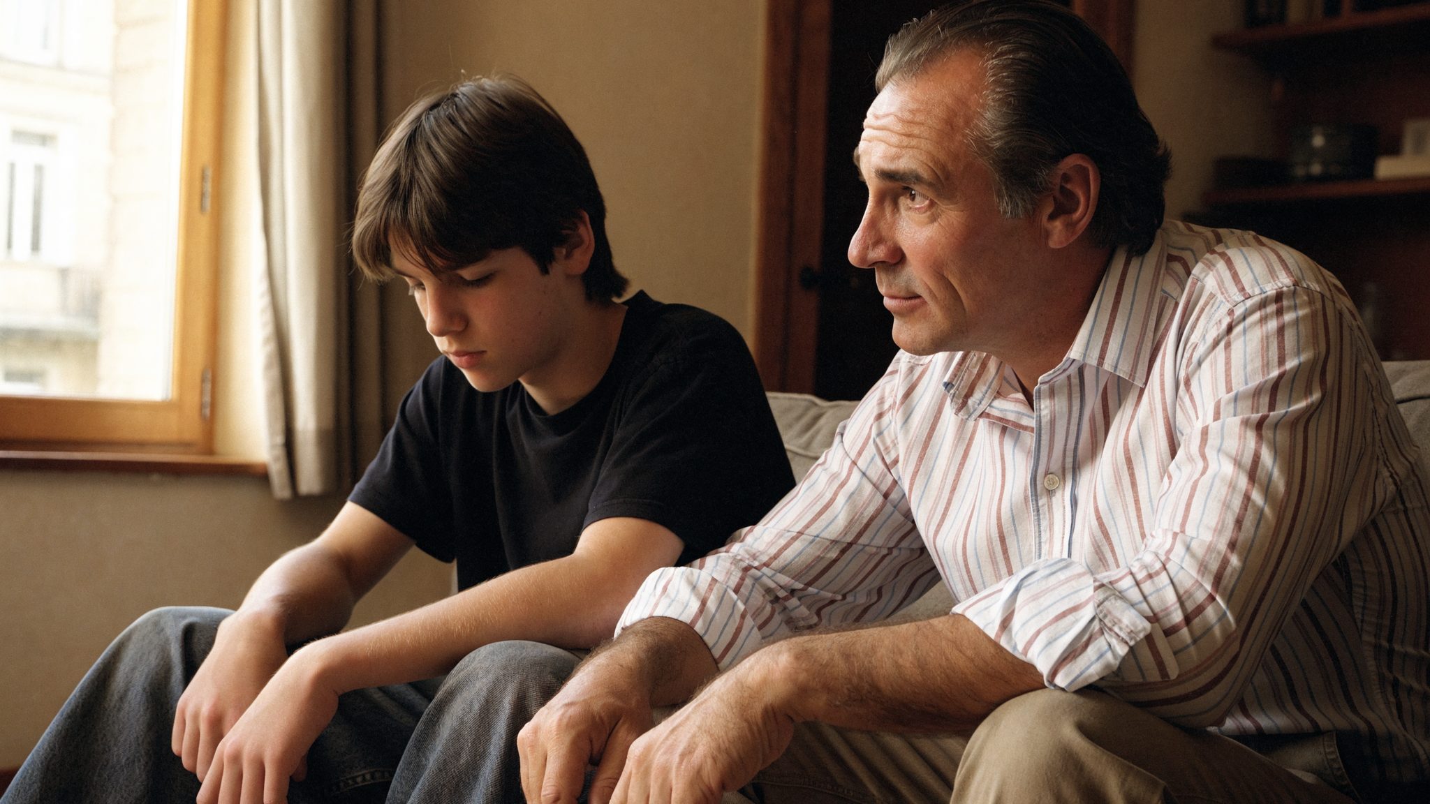 Un padre seduto sul divano accanto al figlio adolescente, alla luce del giorno: il ragazzo guarda in basso, il padre ascolta con calma