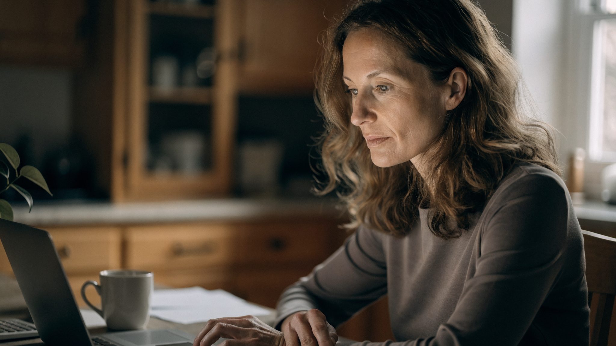 Una donna al tavolo di casa consulta il sito di una Regione al computer, con fogli e una calcolatrice accanto.