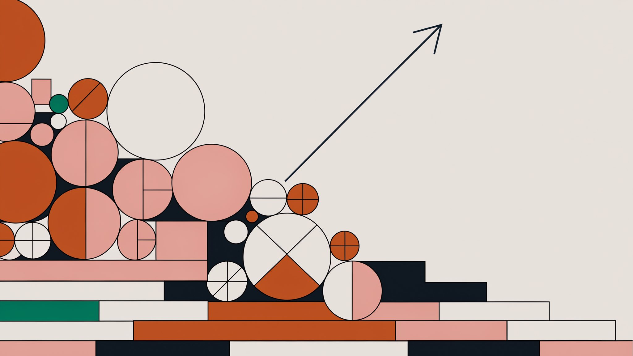 Illustrazione editoriale: composizione geometrica astratta di cerchi sovrapposti e blocchi rettangolari, con una linea diagonale ascendente che emerge dall'insieme