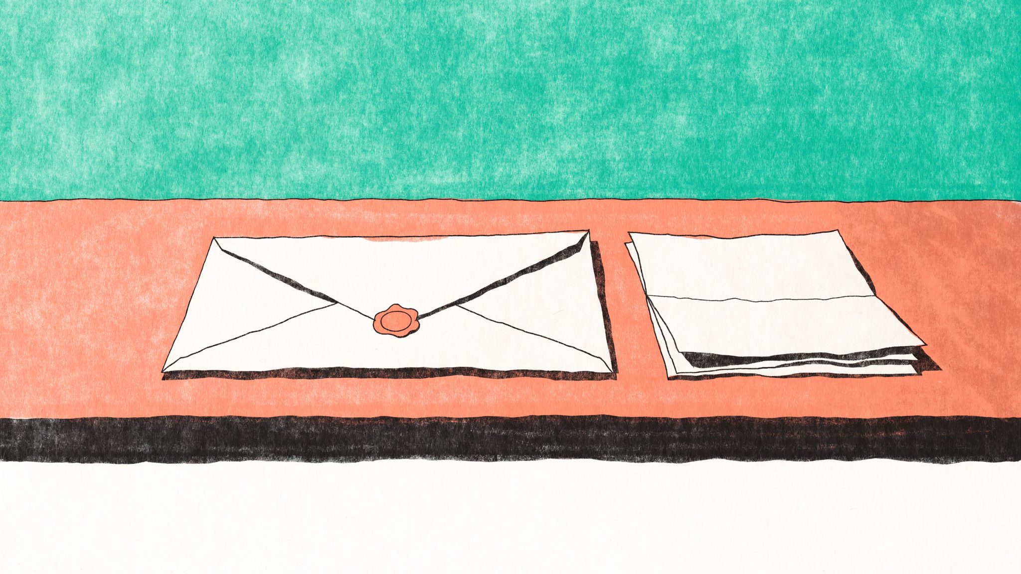 Illustrazione editoriale di una busta sigillata con ceralacca e fogli di carta, evocazione di una domanda a concorso