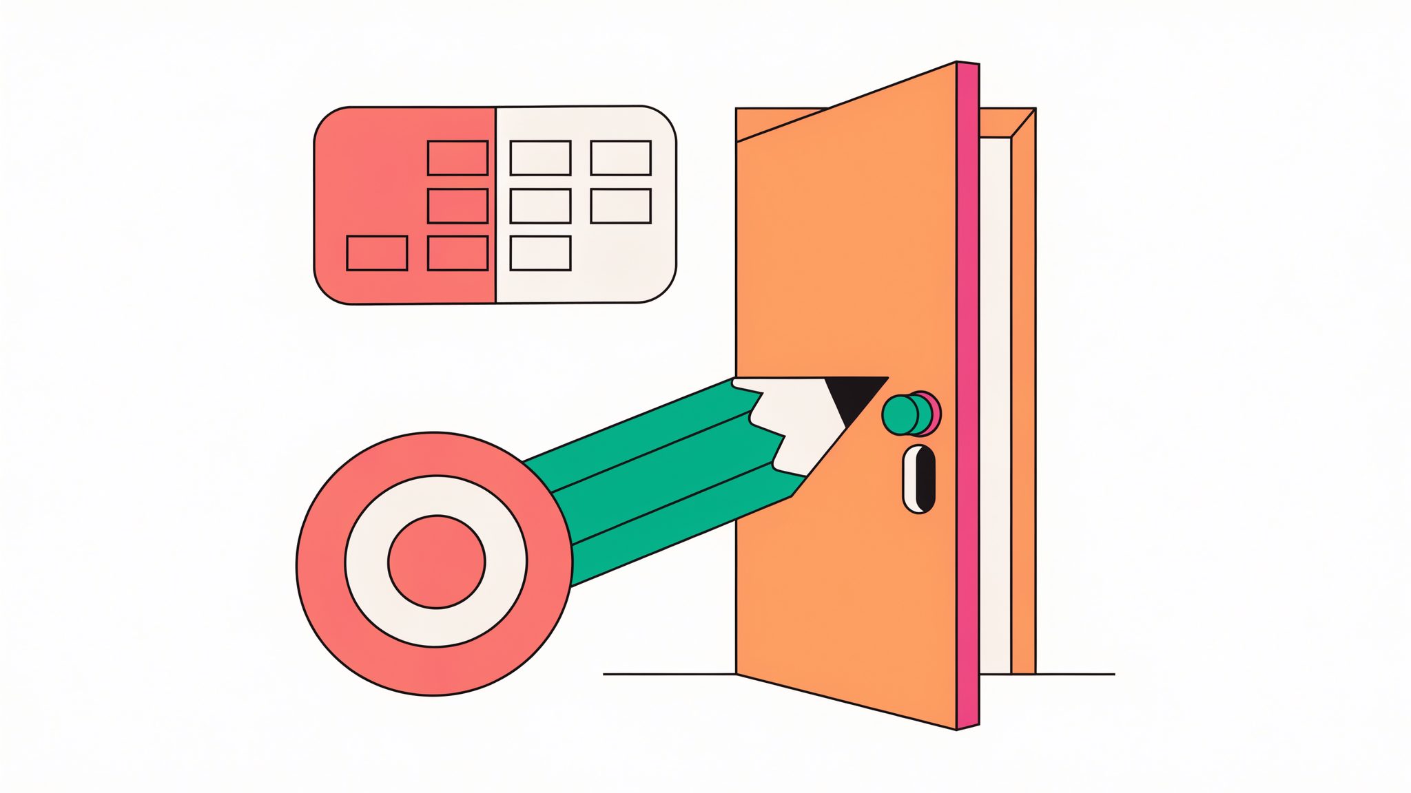 Illustrazione editoriale piatta di una chiave a forma di matita che apre una porta con sopra una data di calendario, forme geometriche semplici su sfondo chiaro