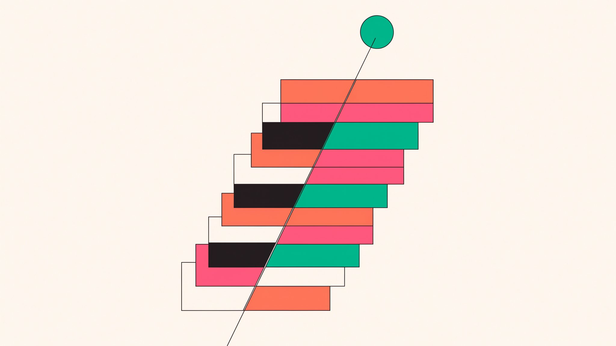 Illustrazione editoriale geometrica astratta con una linea diagonale ascendente che attraversa rettangoli sovrapposti e un cerchio in cima
