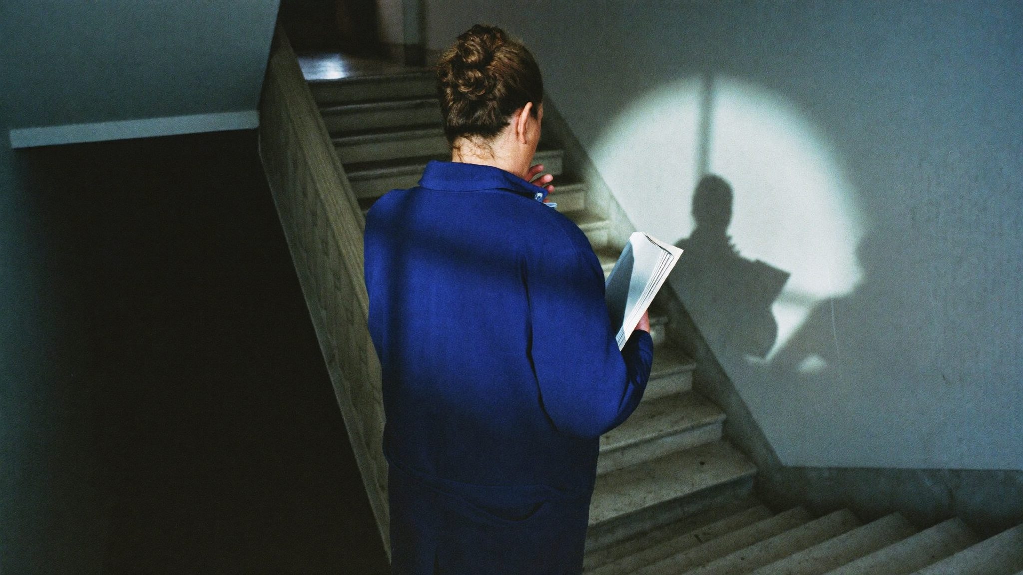 Un genitore adulto visto di spalle in cima a una scala scolastica in pietra consumata, nella luce fredda del mattino