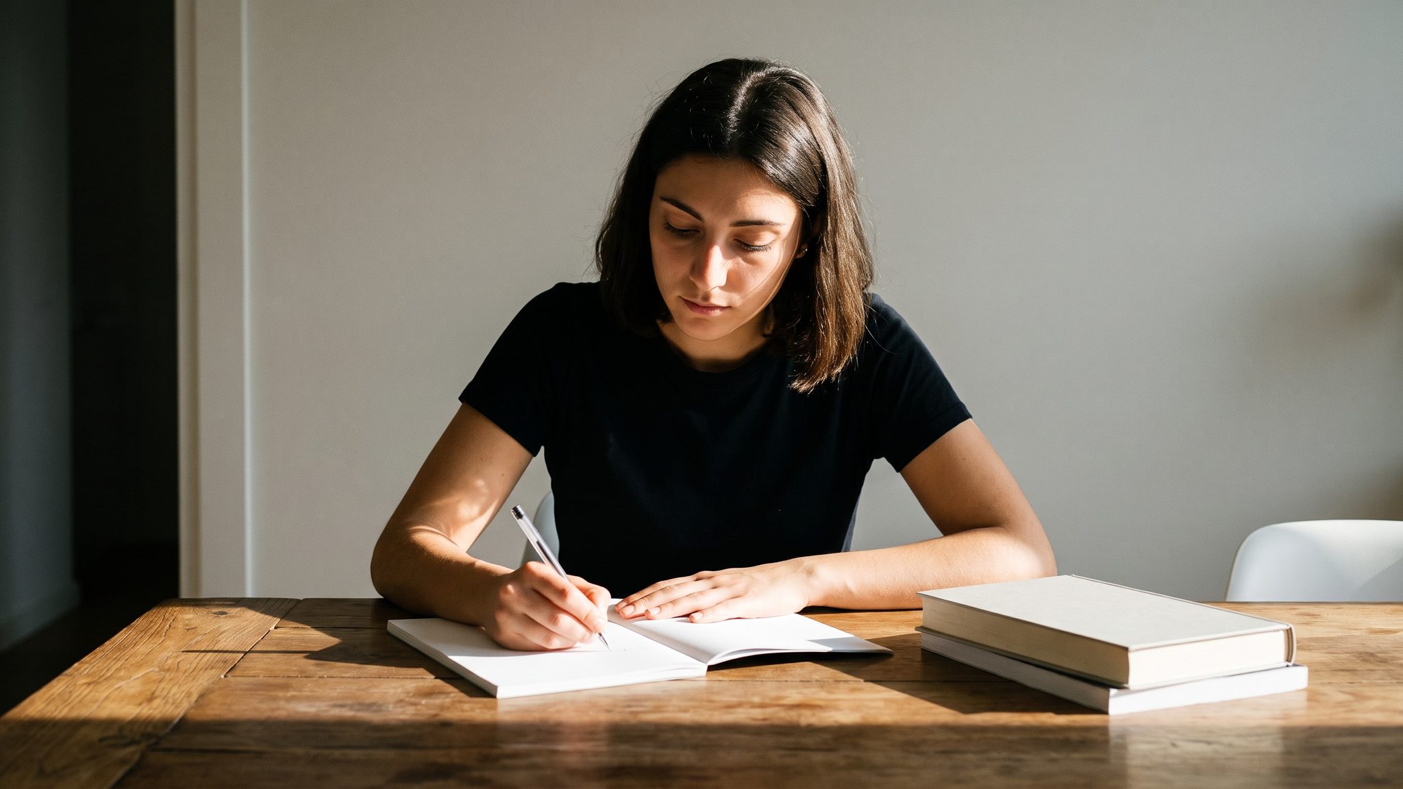 Una studentessa scrive su un quaderno aperto a un tavolo di legno, alla luce del giorno, con due libri chiusi accanto