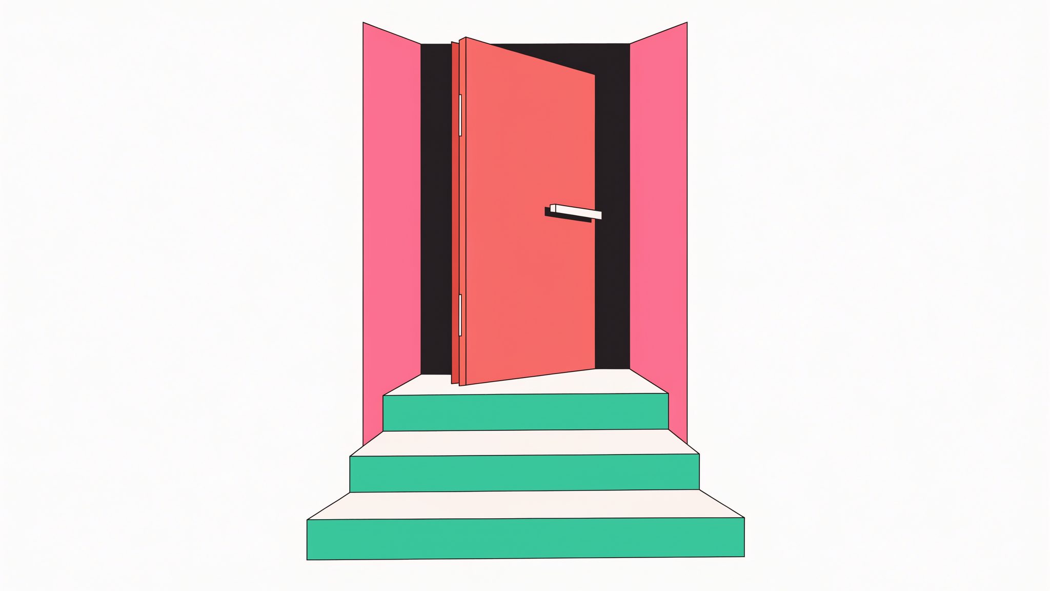 Illustrazione editoriale piatta con una porta color corallo socchiusa al centro e una breve scalinata di tre gradini che sale verso di essa